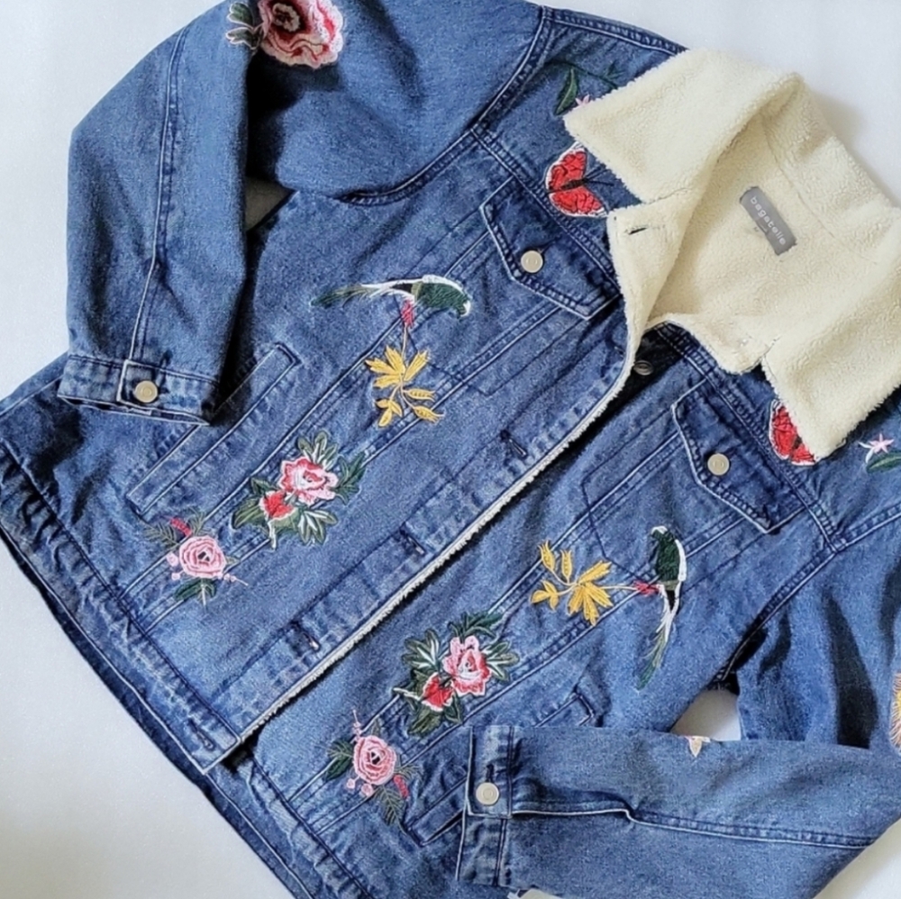 Bagatelle Sherpa Lined Denim Jacket with Floral, Avian and Feline Embroidery